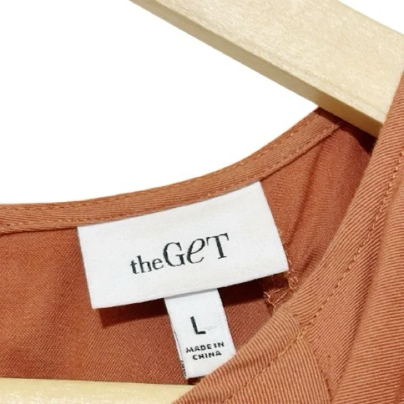 The Get Rust Tiered Midi Dress Long Puff Sleeve Belted Cotton Blend - Size Large - Picture 3 of 5